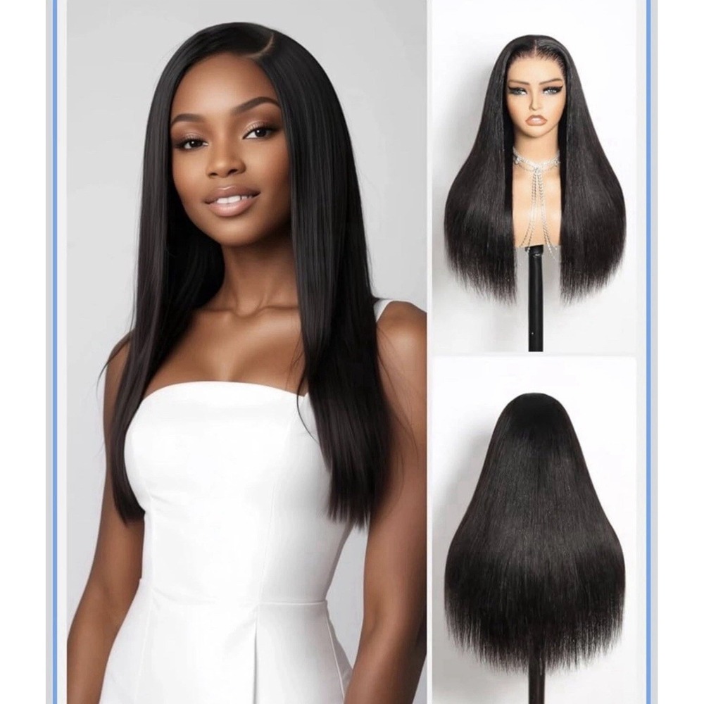 Megalook Glueless Silky Straight 100%Human Hair Lace Front Wig 24" Natural Black